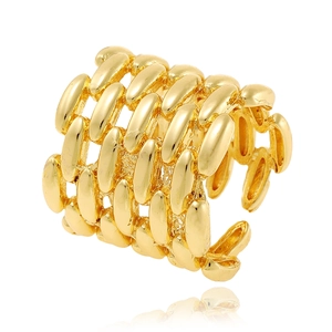 Polished 18K gold-plated wide multi-row oval chain link adjustable ring on white background