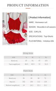 Detailed size chart for women silk pajamas including sling top and ruffle shorts measurements