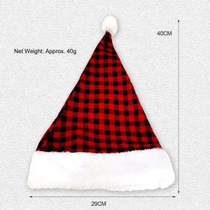 Red and black buffalo plaid Christmas hat with plush trim, 40cm height, 29cm width
