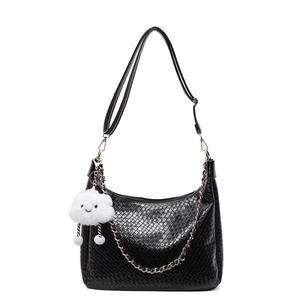 Woven black shoulder bag with adjustable strap, metal chain and plush cloud charm