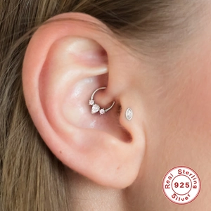 S925 sterling silver cartilage earrings set with clear crystals on female ear model