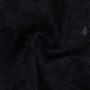 Detailed macro shot of high-quality black floral lace fabric with intricate mesh patterns