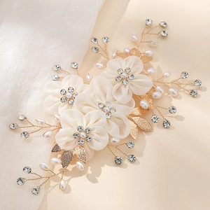 Handmade fabric flower hair clip with pearls and rhinestones for bridal wedding hairstyles
