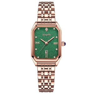 Elegant women's rectangular watch featuring a green dial and rose gold steel link bracelet