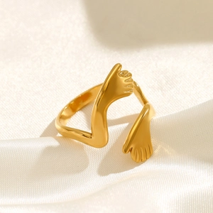 Polished gold plated stainless steel hug ring with adjustable open band for women