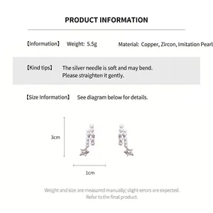 Detailed size chart and specifications for silver star pearl earrings with cubic zirconia