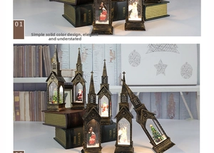 Detail of vintage church-shaped LED Christmas lantern with retro finish and festive scene