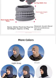 Detailed size chart for men's winter knit hat and neck warmer set with fleece lining