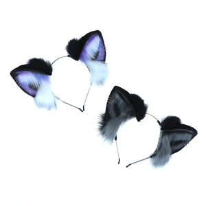 Plush Ragdoll cat ear headbands in black and purple gradient with metal ring accents