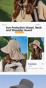 Detail of outdoor sun hat with wide brim and neck flap for UV protection in khaki and gray