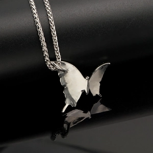 Hip hop silver butterfly pendant necklace with rhinestones on a stainless steel chain