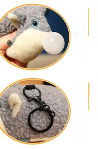 Detail of grey plush animal keychain with lamb wool texture and elastic bubble nose feature
