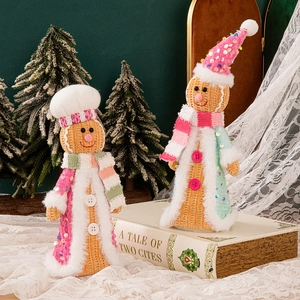 Christmas Gingerbread Man Doll Ornament Knitted Standing Figurine With Sequins And Faux Fur Trim For Desktop Festive Decor