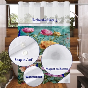 Detail of floral shower curtain with snap-in liner, waterproof fabric and weighted magnets