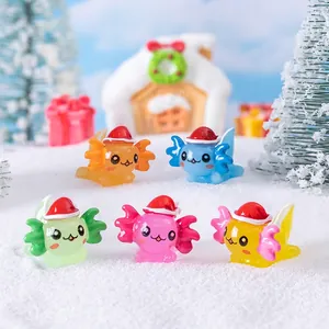 Miniature resin axolotls with Christmas hats in a colorful 5-piece festive scene set