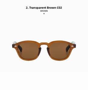 Detail of round tea brown sunglasses frame with metallic silver rivets on the hinges
