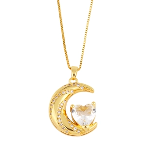 Fashionable moon and heart pendant necklace in gold finish with heart-shaped zircon stone