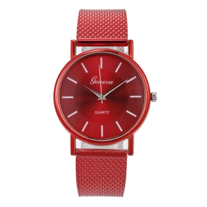 Sleek red mesh strap quartz watch for women with minimalist Geneva dial design