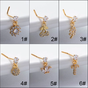 Stainless Steel L Shaped Nose Stud With Zircon Dangle Pendant Fashion Body Piercing Jewelry For Women