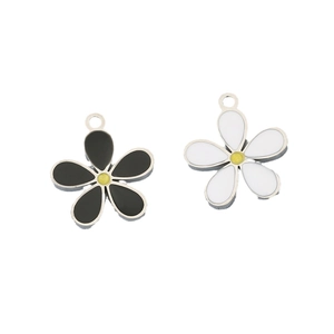 18K gold-plated copper flower pendants with black and white enamel petals and yellow centers