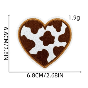 Cow print heart embroidery patch size and weight detail on white background