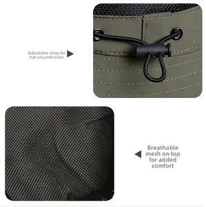 Detail of adjustable elastic drawcord and breathable mesh panel on olive green sun hat