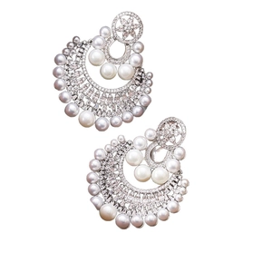 Elegant silver flower drop earrings with white pearls and sparkling cubic zirconia stones