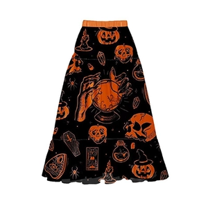 Jupe parapluie d'Halloween noire à taille haute avec motifs de citrouilles et squelettes