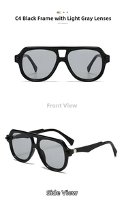 Front and side views of double bridge aviator sunglasses with black frames and grey lenses