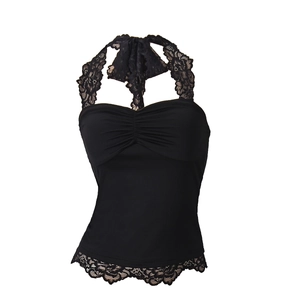 Detail of black halter top featuring floral lace trim and ribbed knit texture on the fabric