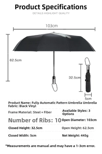 Detailed dimensions of the black automatic umbrella with 10 reinforced ribs and 103cm diameter