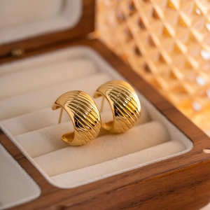 Classic 18K gold plated stainless steel C-shape twisted hoop earrings in luxury box