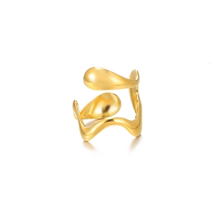 Minimalist gold wavy open ring featuring a fluid liquid-effect design with mirror polish