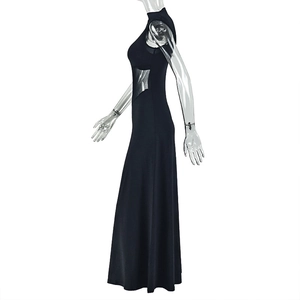 Detail view of high-neck sleeveless black maxi dress featuring mesh side panels on waist