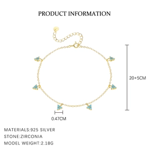Detailed specs of 925 sterling silver anklet with blue clover zirconia charms