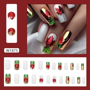 Romantic maple leaf press-on nails with white and gold mirror finish, 24 piece set