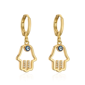 Detail of 18K gold plated Hamsa Hand earrings with blue evil eye and sparkling crystals