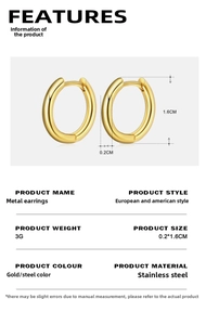 Detail showing 1.6cm 18K gold plated stainless steel hoop earrings with size measurements