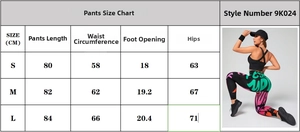 Detailed pants size chart for high waist graffiti print yoga leggings showing S to L measurements