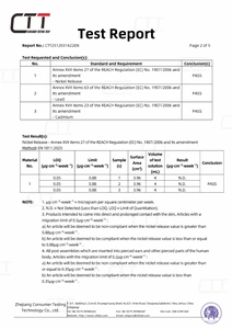 REACH test report for stainless steel pendant showing Nickel Lead and Cadmium PASS results