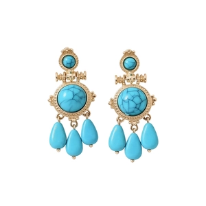 Vintage gold-toned round earrings with turquoise stone inlays and droplet pendants