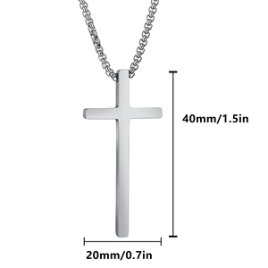 Minimalist silver cross pendant necklace for men with 40mm by 20mm dimensions