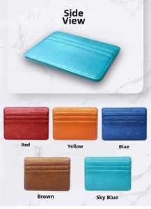 Slim PU leather card holder showing multi-color options and ultra-thin side profile view