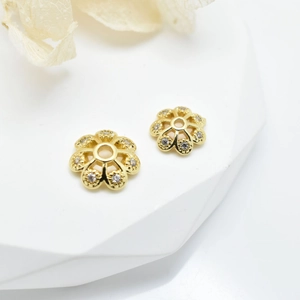 Exquisite gold flower bead caps with white zircon inlay for DIY jewelry design