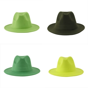 Classic wool felt jazz fedora hat in four shades of green with flat brim and pinched crown