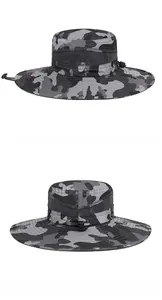Detailed side and back view of camo sun hat featuring mesh vents and adjustable chin strap