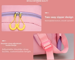 Detail of pink canvas backpack featuring durable dual-way zippers and adjustable pink buckles
