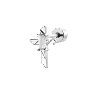 Silver geometric sword cross stud earring with clear zircon and screw back closure