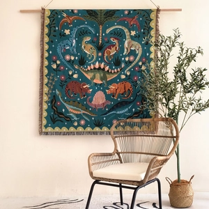 Bohemian woven dinosaur tapestry with tassels and wooden rod for wall hanging decor