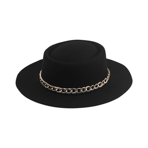 Classic black wool felt boater hat with a stylish gold chain band and flat wide brim